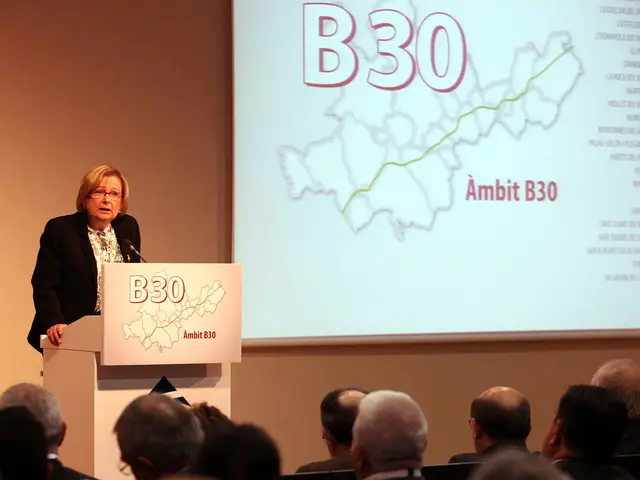 At the bottom of the image there are heads of men. In front of them there is a podium with an...