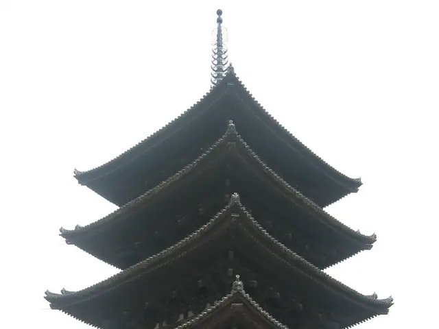 In the picture we can see the Chinese construction behind it we can see the trees and the sky.