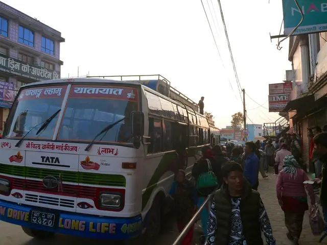 In this image there are group of persons standing and walking. In the center there is a bus with...