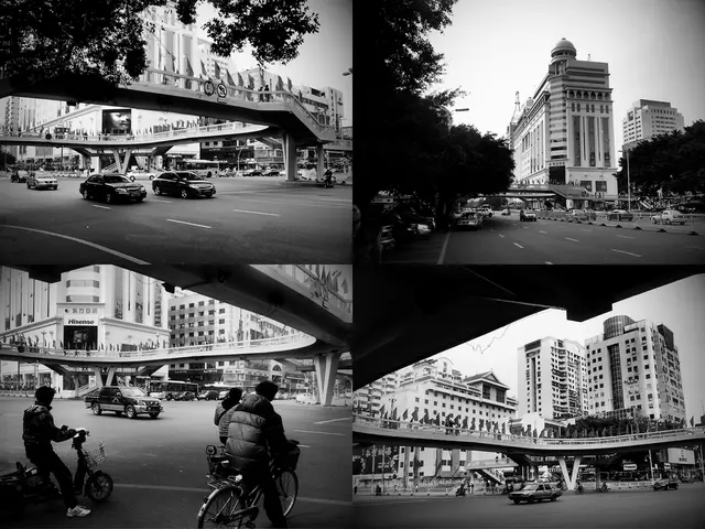 they are cars riding under the rich and people riding bicycles under the bridge and there are few...